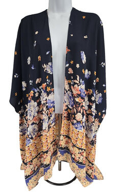 Maurices Womens Floral Kimono Open Front Navy Blue One Size Boho Short Sleeve